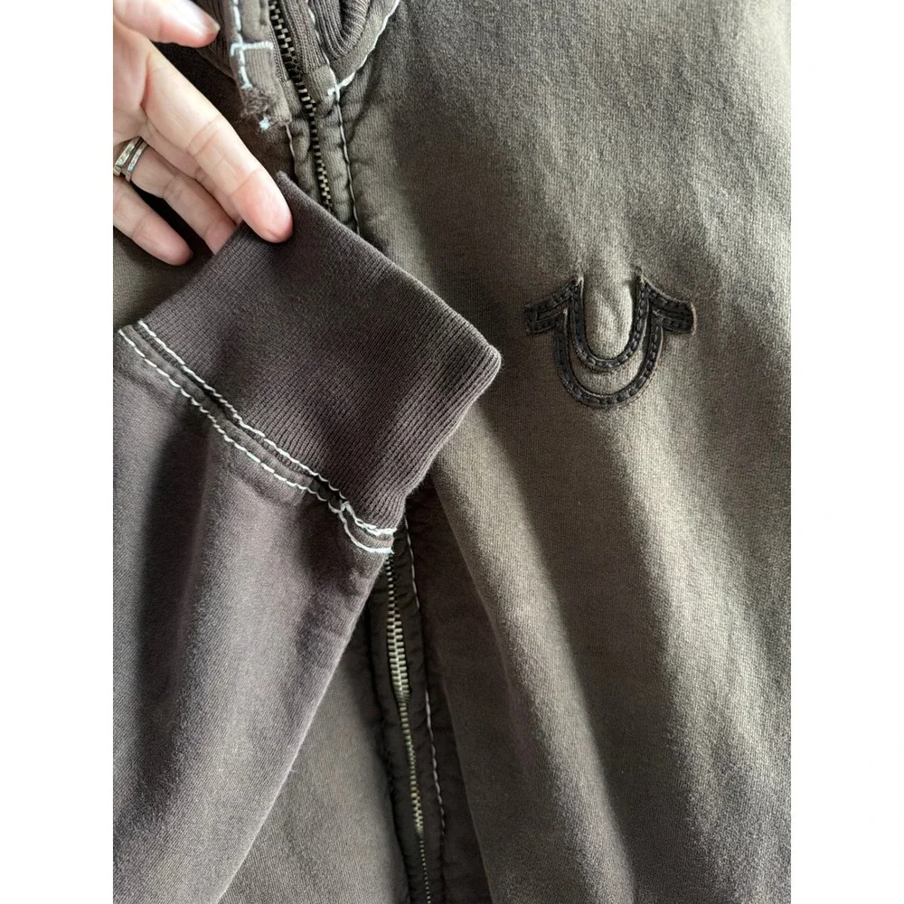 True Religion Mens XXL Brown Big T Stitch Full Zip Track Jacket‎ Sweatshirt Logo